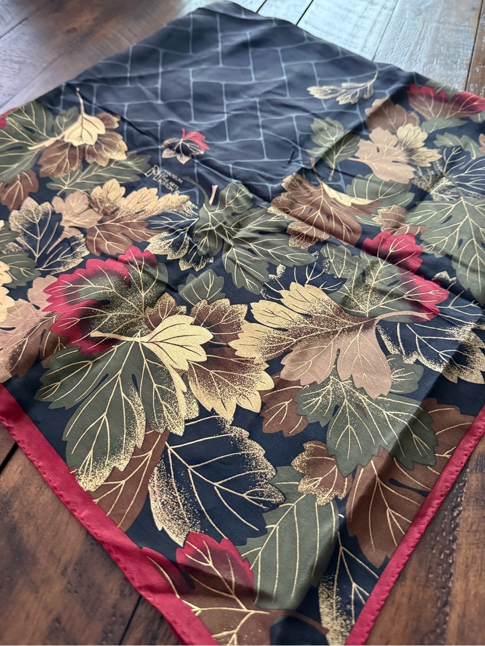 100% Silk Museum of Fine Arts Boston Floral Leaf Print Silk Scarf with Gold